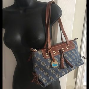 Dooney & Bourke blue signature canvas brown leather tassel satchel purse
